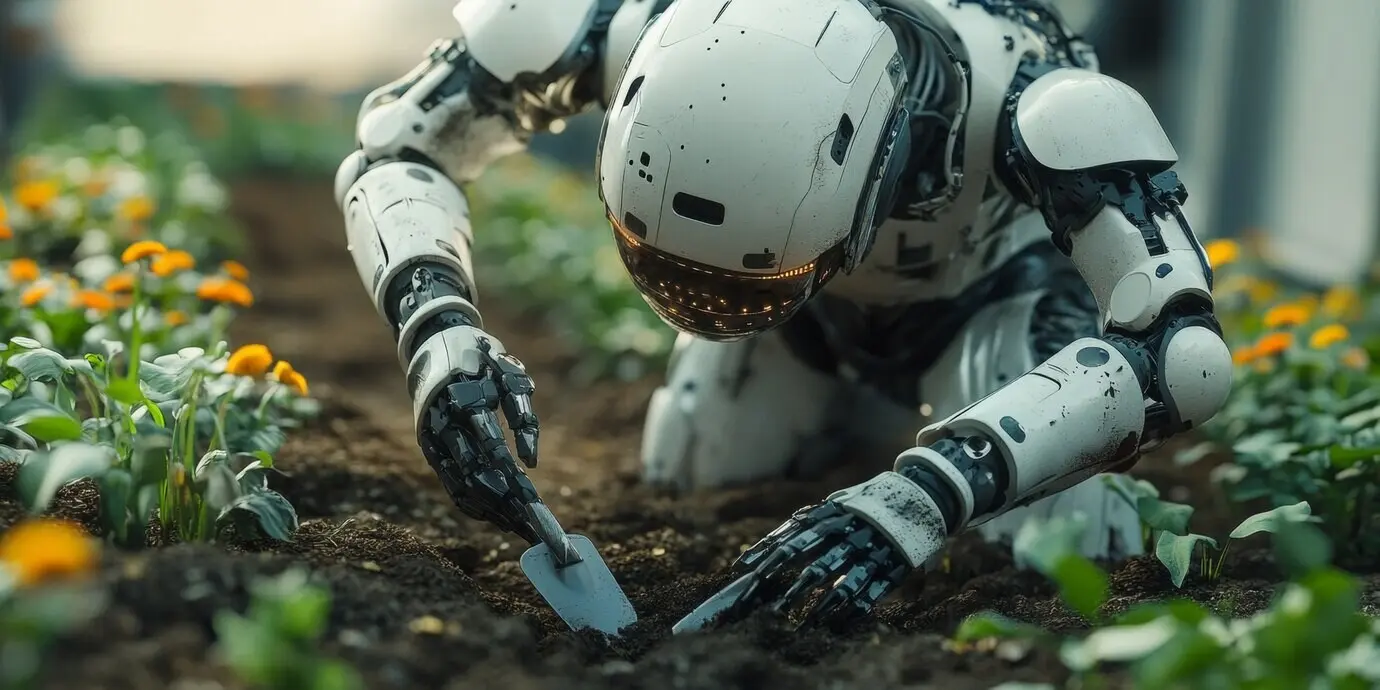 Ansicht eines Roboters, der Gärten pflegt und instand hält.