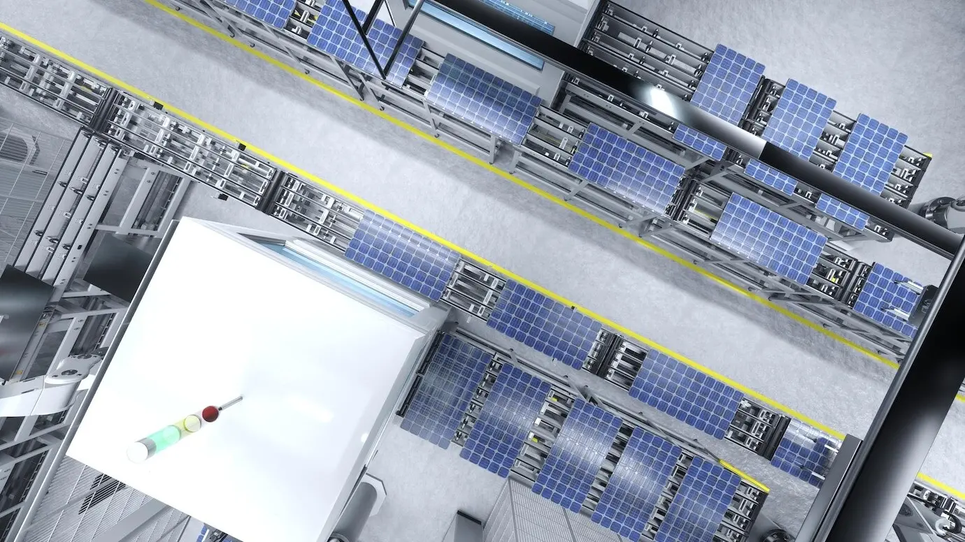 3D-Illustration: Luftaufnahme von Photovoltaik in einem umweltfreundlichen Lagerhaus.