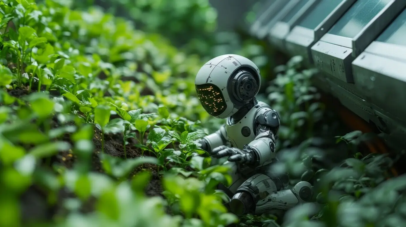 Ansicht eines Roboters bei der Pflege und Instandhaltung von Gärten.